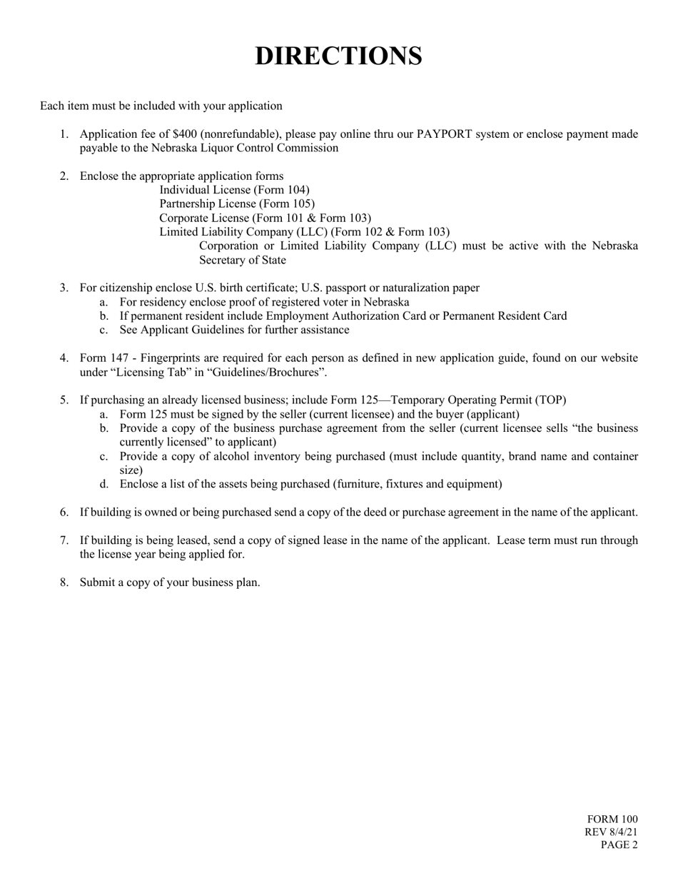 Form 100 Application for Liquor License - Retail - Nebraska, Page 2