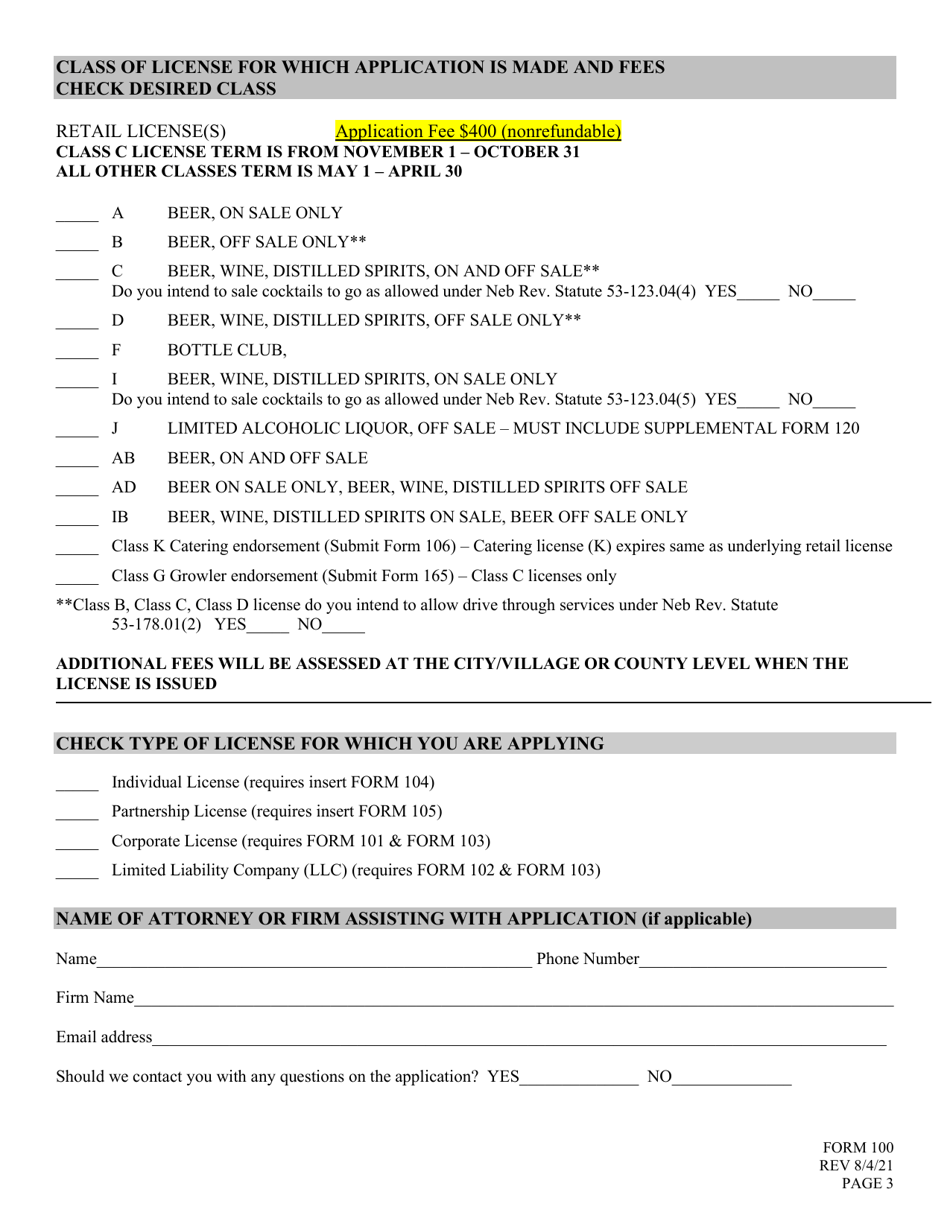 Form 100 Application for Liquor License - Retail - Nebraska, Page 3