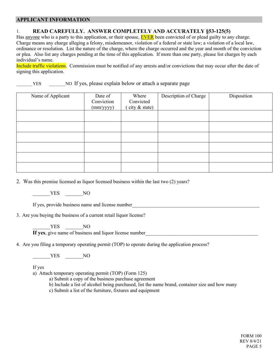 Form 100 Application for Liquor License - Retail - Nebraska, Page 5
