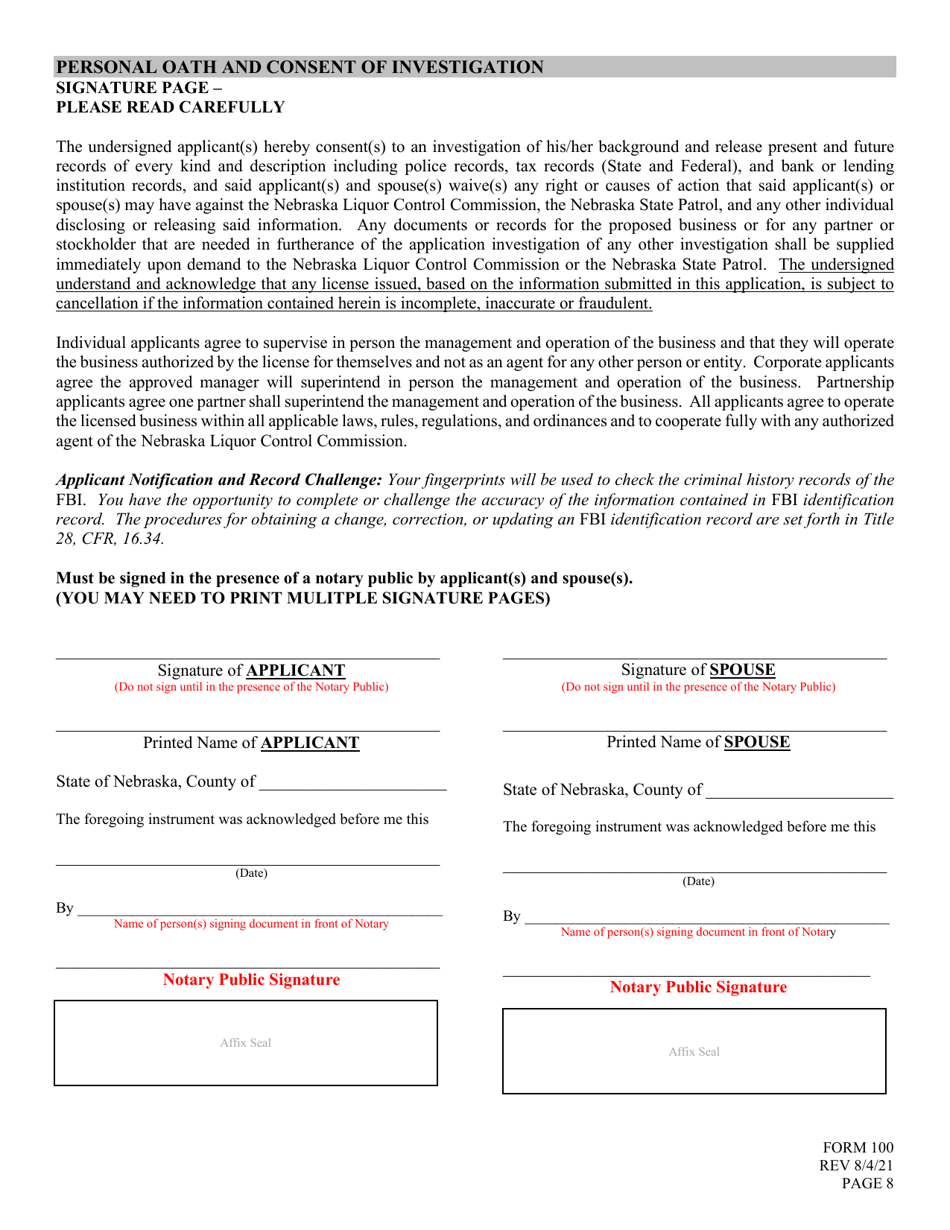 Form 100 Application for Liquor License - Retail - Nebraska, Page 8
