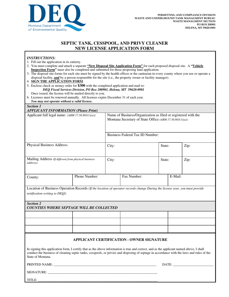 Septic Tank, Cesspool, and Privy Cleaner New License Application Form - Montana, Page 1