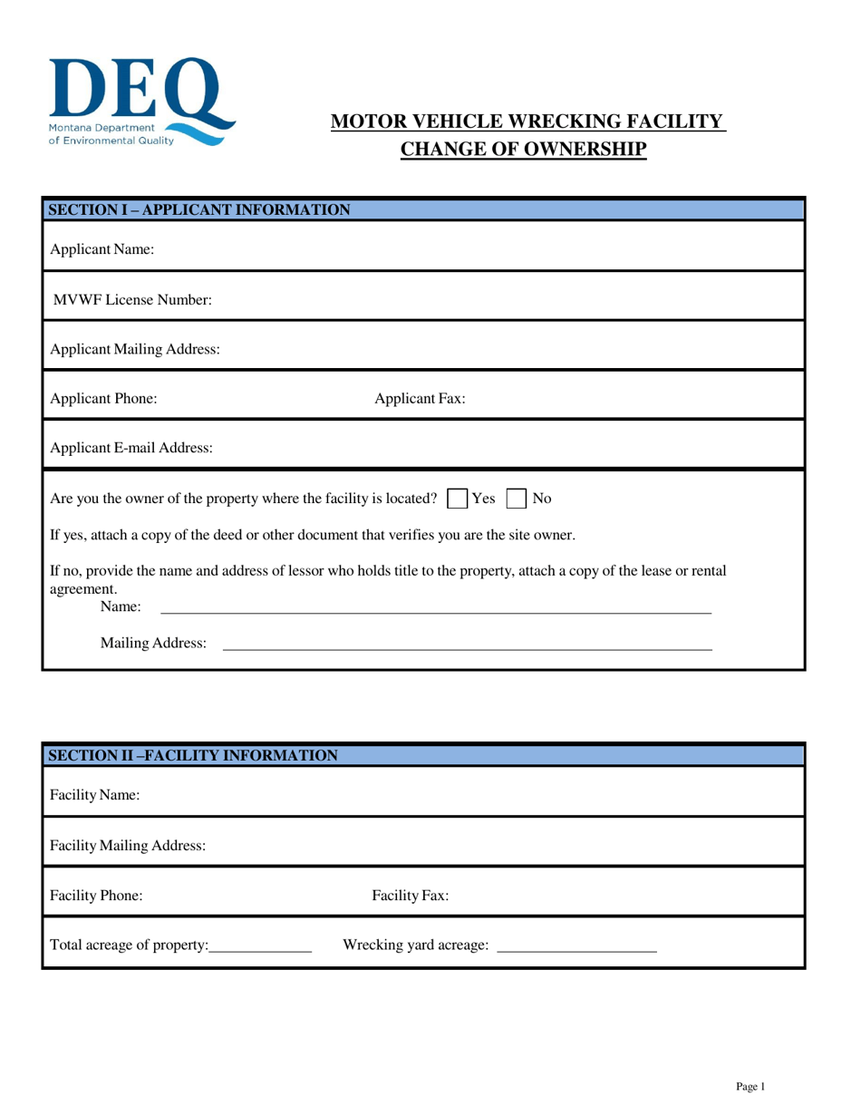 Montana Motor Vehicle Wrecking Facility Change of Ownership Fill Out
