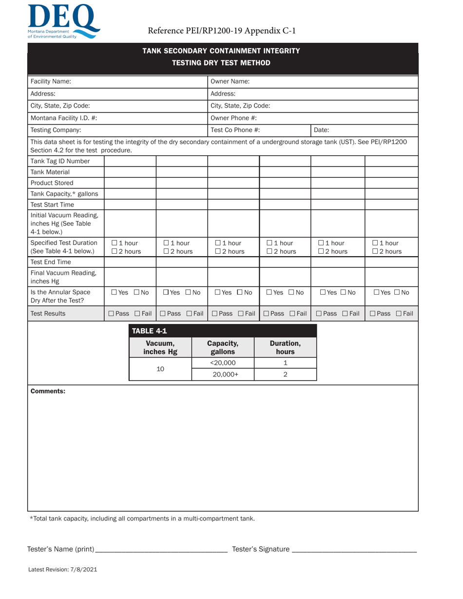 Montana Tank Secondary Containment Integrity Testing Dry Test Method