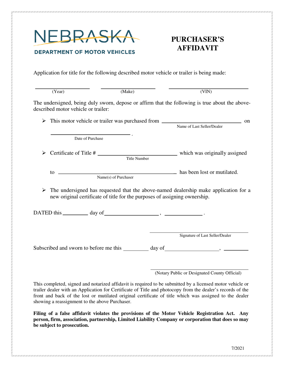 Purchasers Affidavit - Nebraska, Page 1
