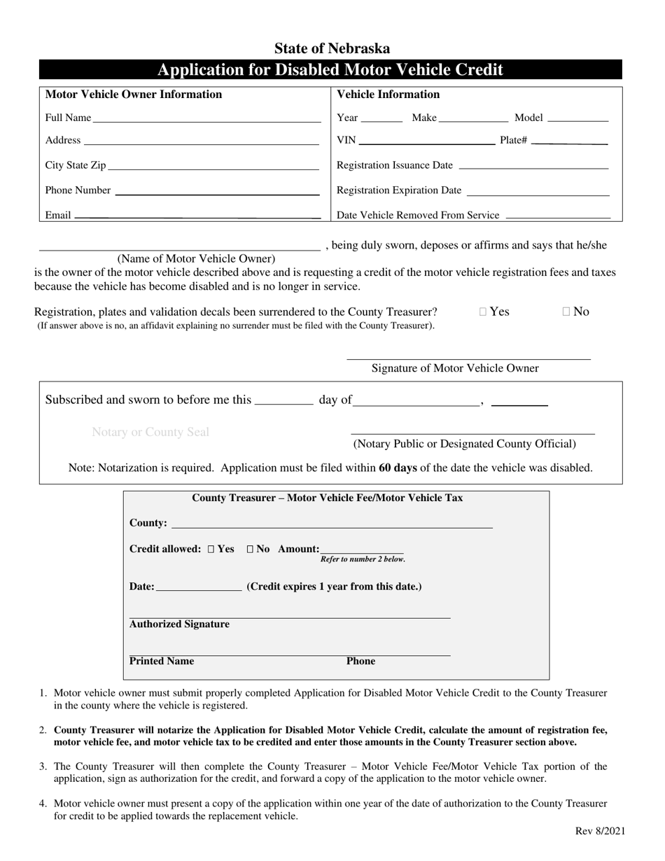 Nebraska Application for Disabled Motor Vehicle Credit Download Printable PDF 2013 — 2024