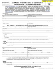 Form 36 Certificate of Tax Clearance or Confirmation of Current Tax Liabilities Application - Nebraska