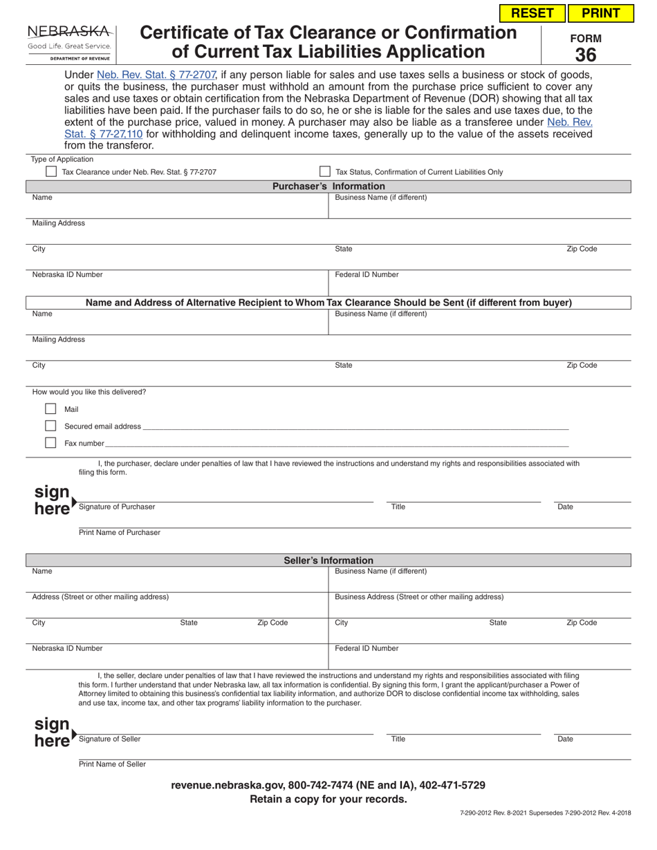 Form 36 Certificate of Tax Clearance or Confirmation of Current Tax Liabilities Application - Nebraska, Page 1