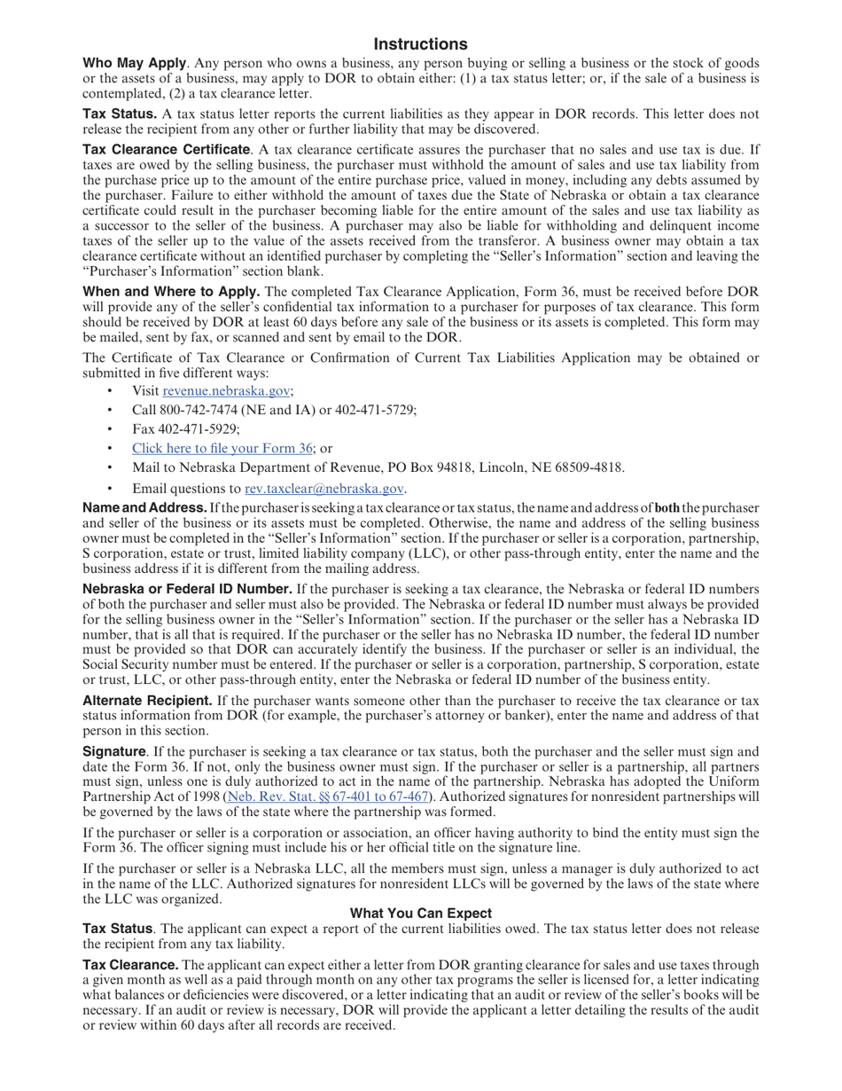 Form 36 Certificate of Tax Clearance or Confirmation of Current Tax Liabilities Application - Nebraska, Page 2