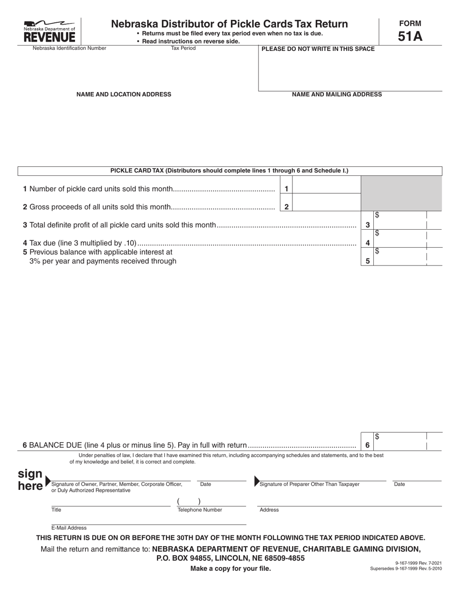 Form 51A Nebraska Distributor of Pickle Cards Tax Return - Nebraska, Page 1