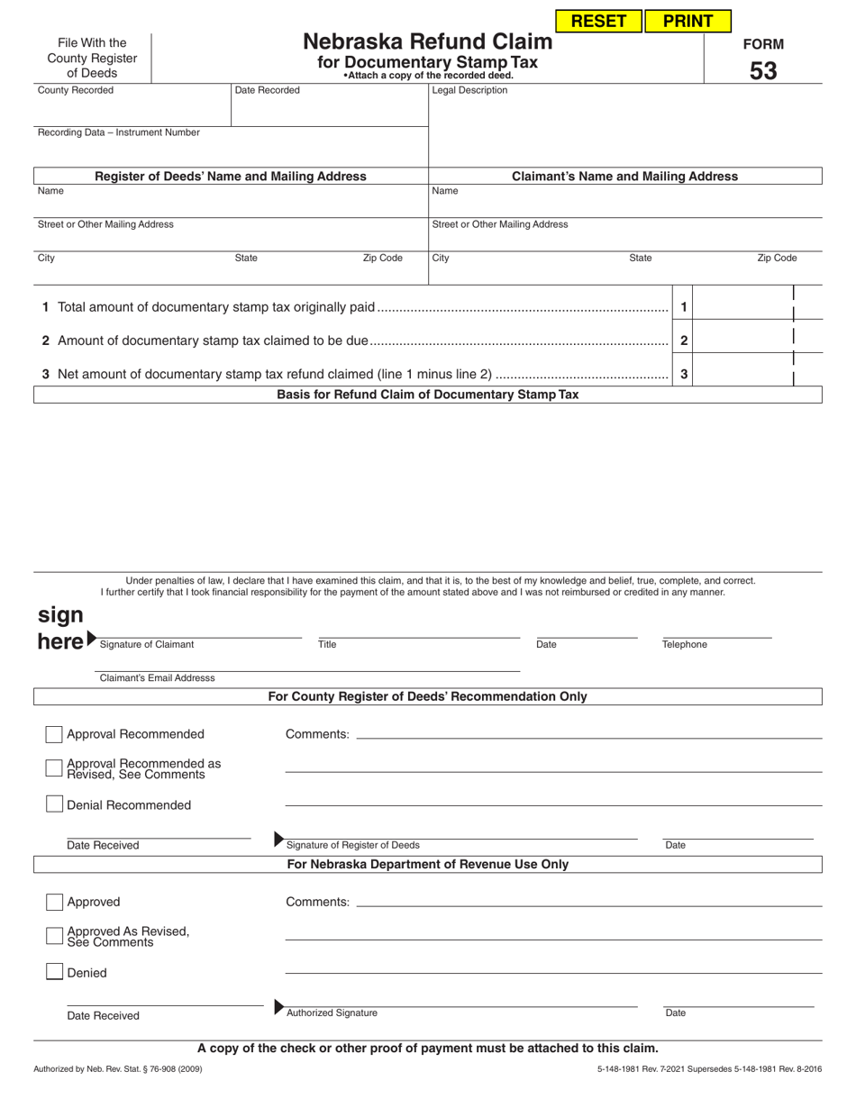 Form 53 Download Fillable PDF or Fill Online Nebraska Refund Claim for ...