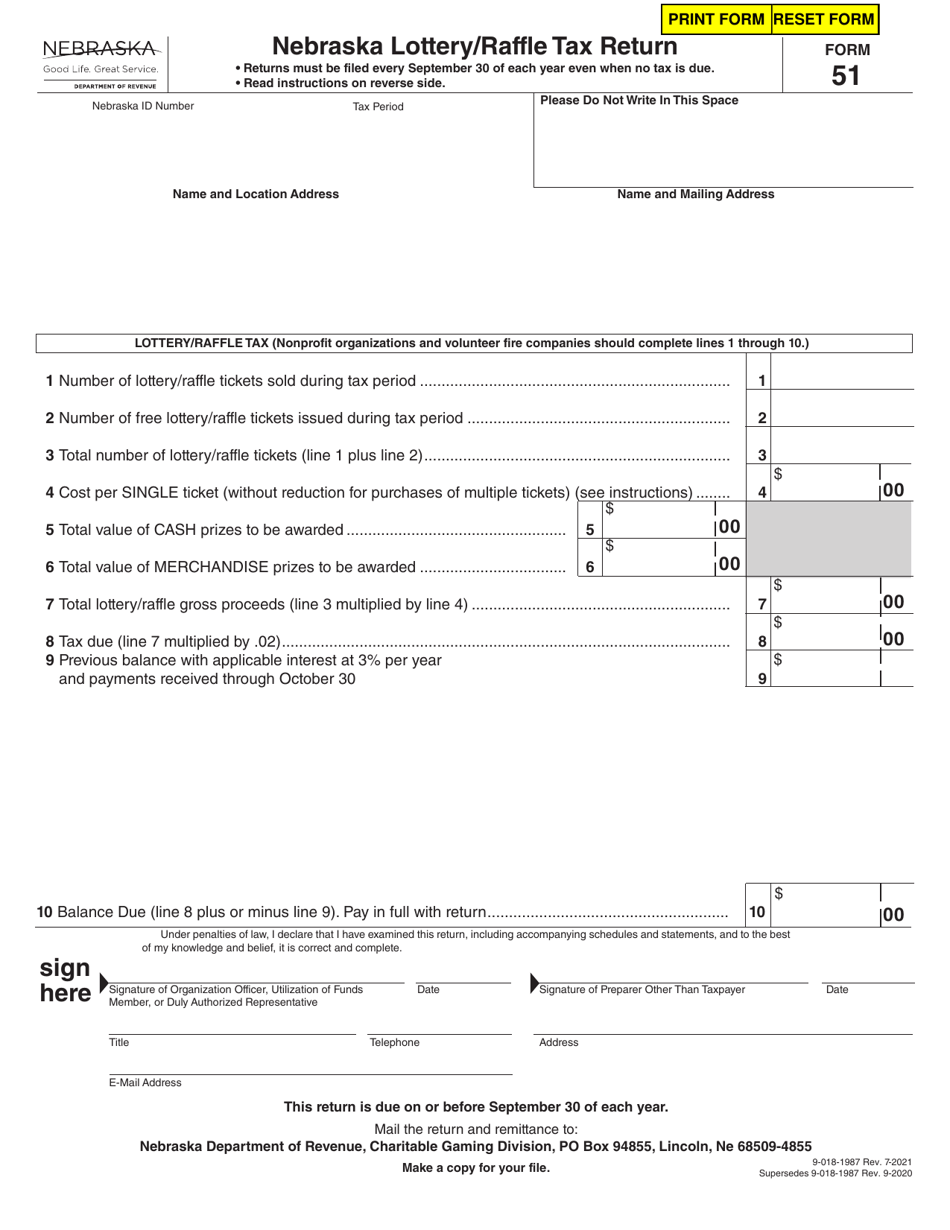 Form 51 Download Fillable PDF or Fill Online Nebraska Lottery/Raffle Tax Return, Nebraska 2010 ...