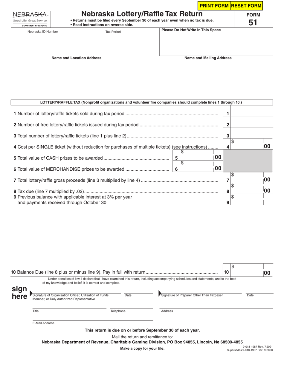 Form 51 Nebraska Lottery / Raffle Tax Return - Nebraska, Page 1