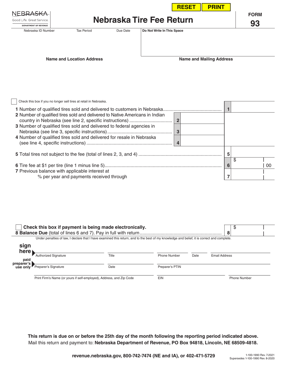Form 93 Nebraska Tire Fee Return - Nebraska, Page 1