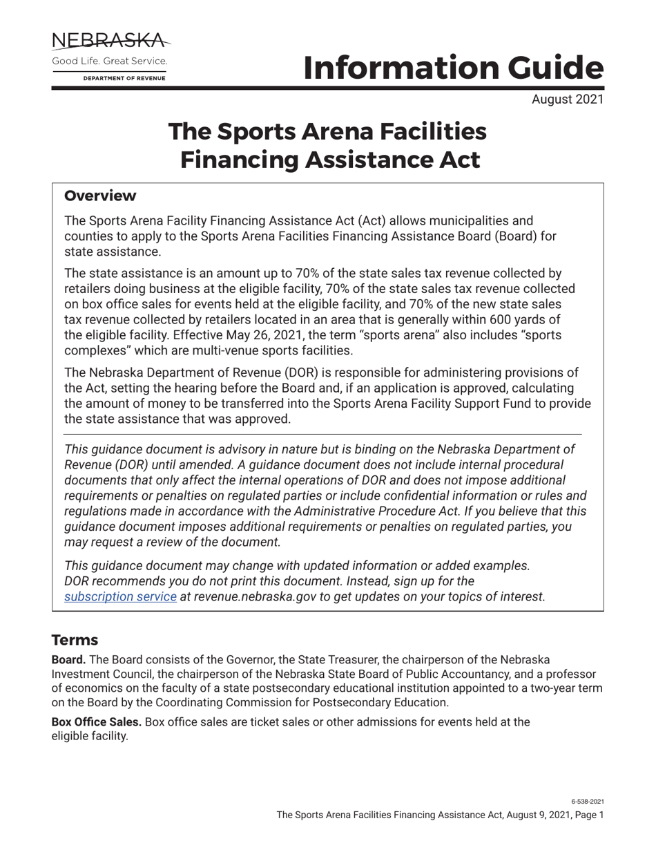 Nebraska Sports Arena Facilities Financing Assistance Application Checklist - Nebraska, Page 1