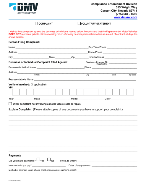 Form CED-020  Printable Pdf