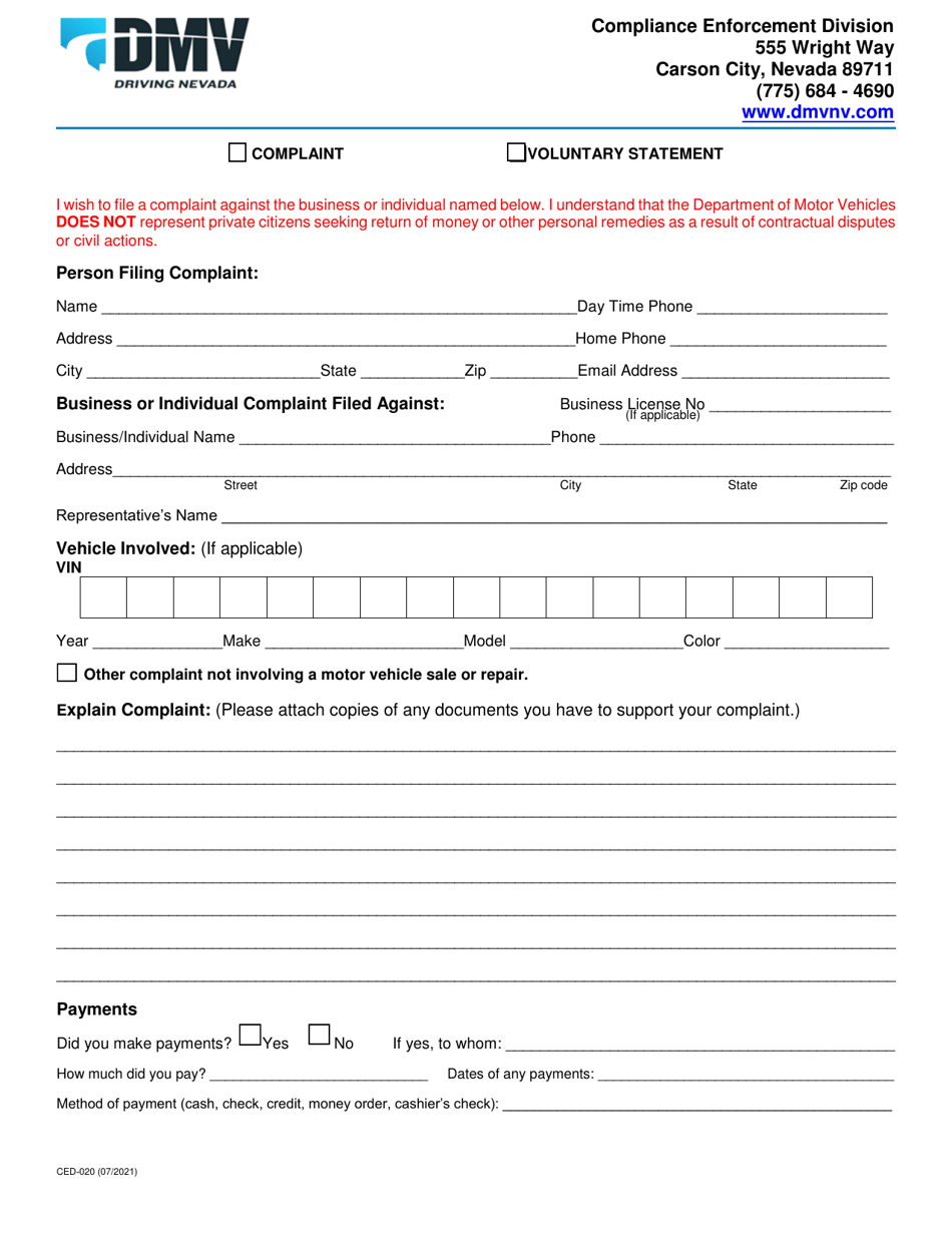 Form CED-020 Complaint / Voluntary Statement - Nevada, Page 1