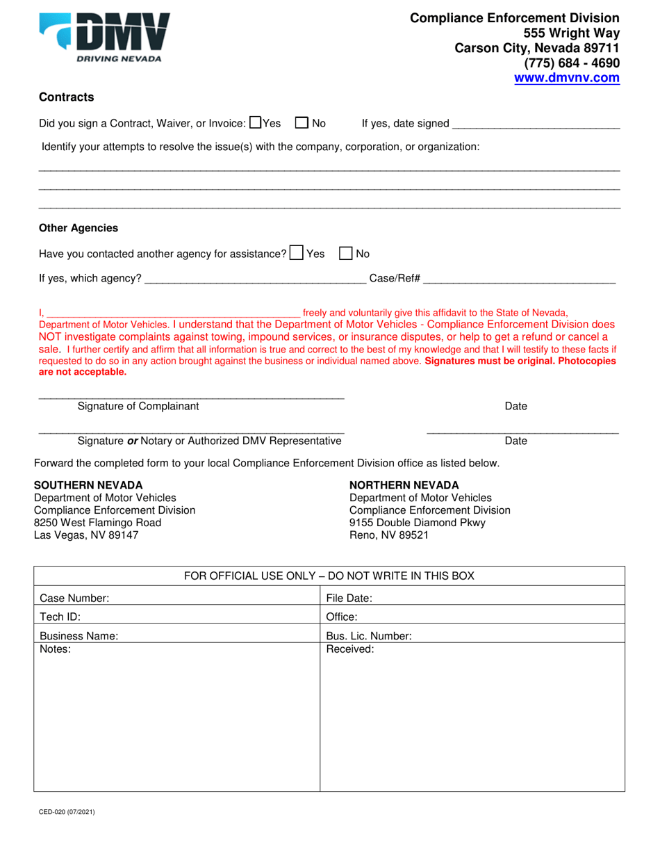 Form CED-020 Complaint / Voluntary Statement - Nevada, Page 2