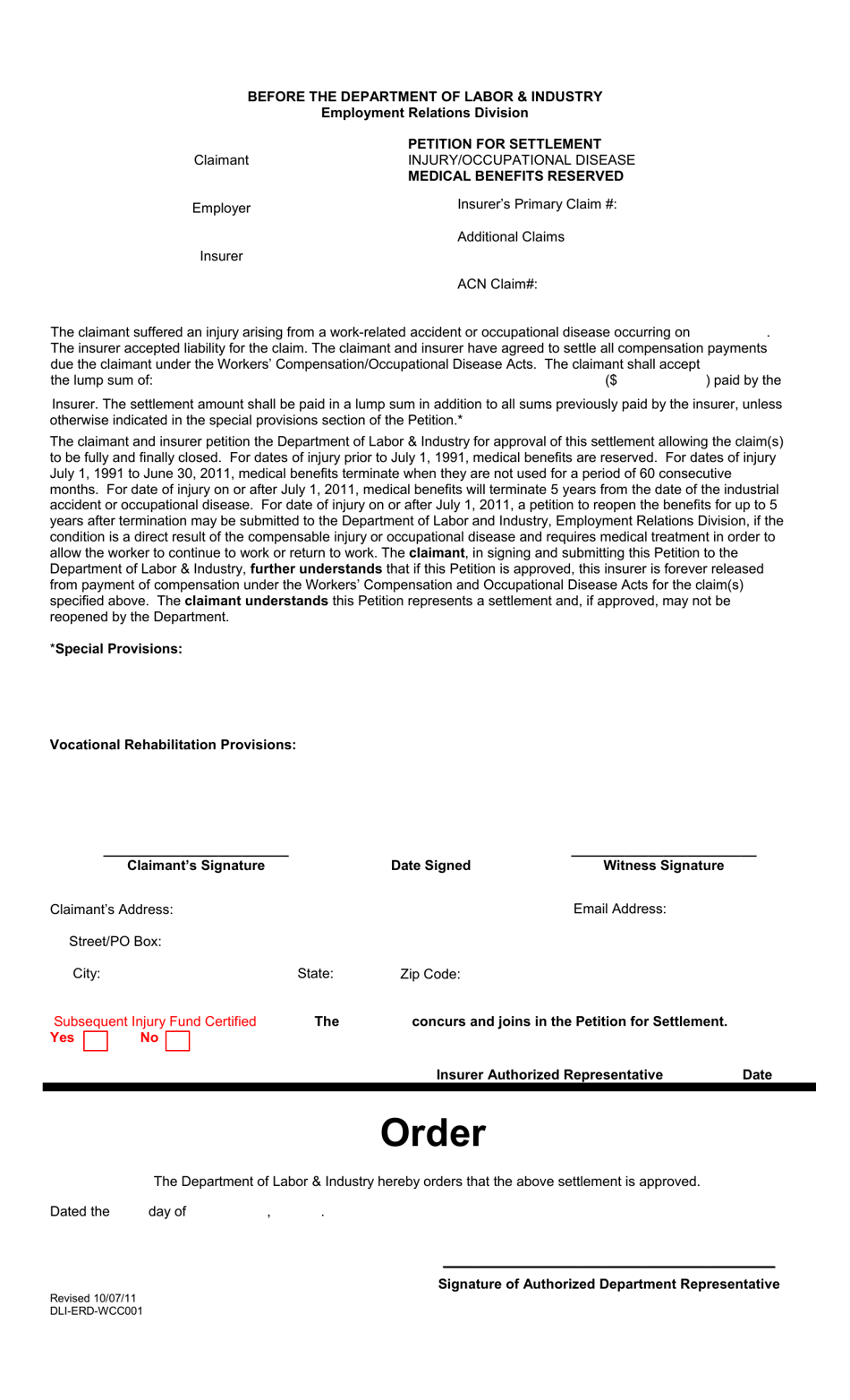 Form DLI-ERD-WCC001 Petition for Settlement - Injury / Od, Medical Benefits Reserved - Montana, Page 1