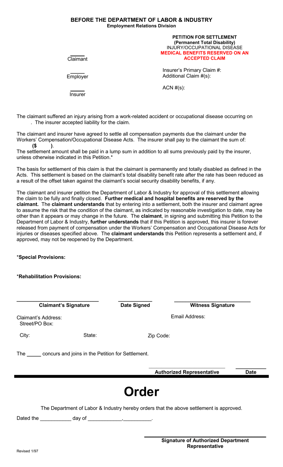 Petition for Settlement - Ptd, Injury / Od Medical Benefits Reserved on an Accepted Claim - Montana, Page 1