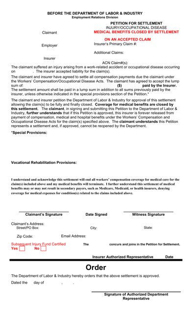"Petition for Settlement - Injury/Od, Medical Benefits Closed by Settlement on an Accepted Claim" - Montana Download Pdf
