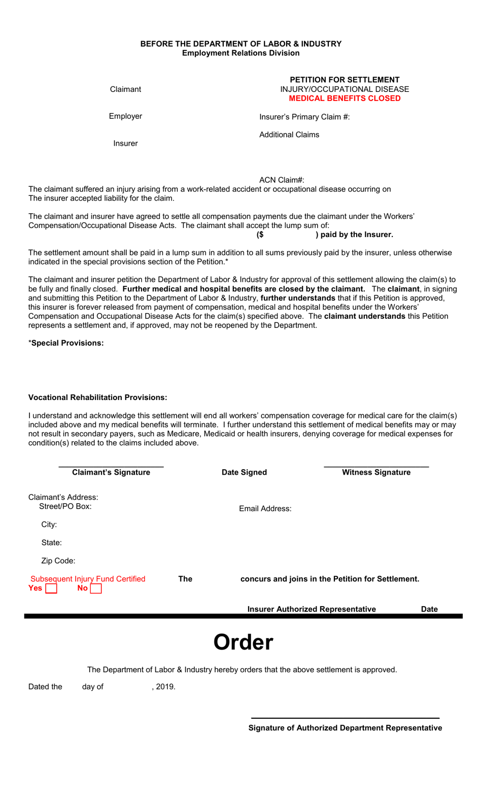 Petition for Settlement - Injury / Od, Medical Benefits Closed - Montana, Page 1