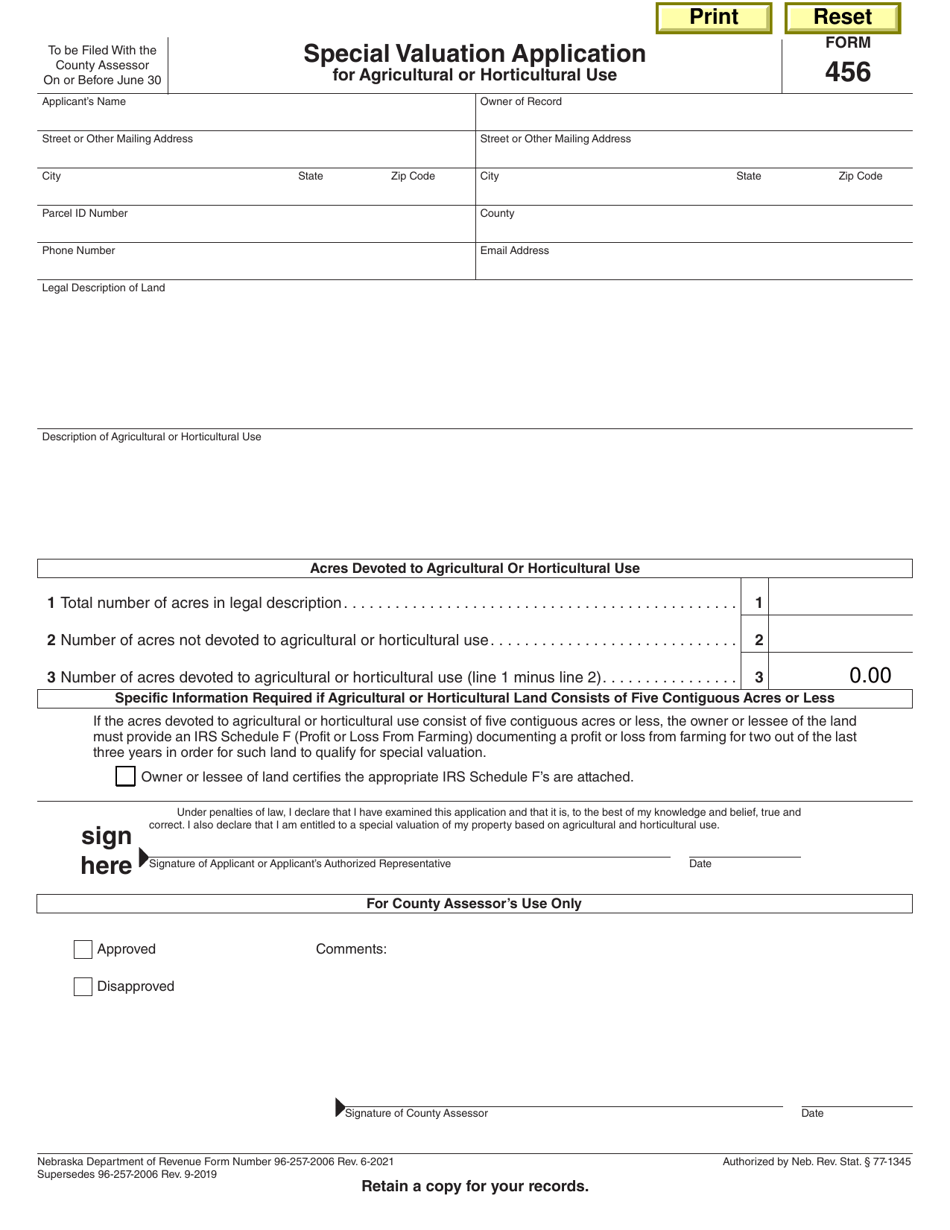 Form 456 Special Valuation Application for Agricultural or Horticultural Use - Nebraska, Page 1