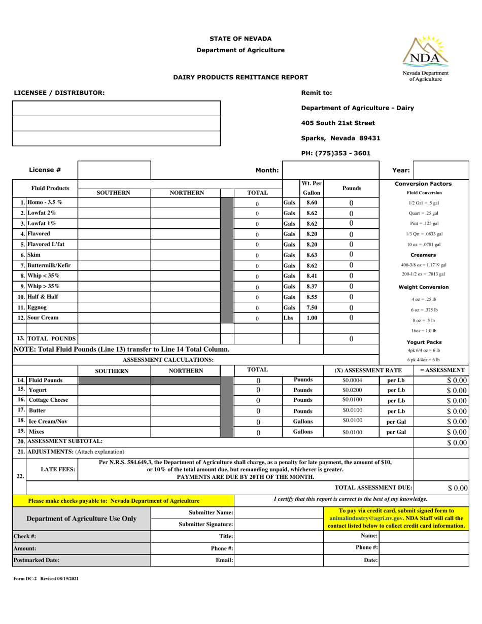 Form DC-2 Dairy Products Remittance Report - Nevada, Page 1