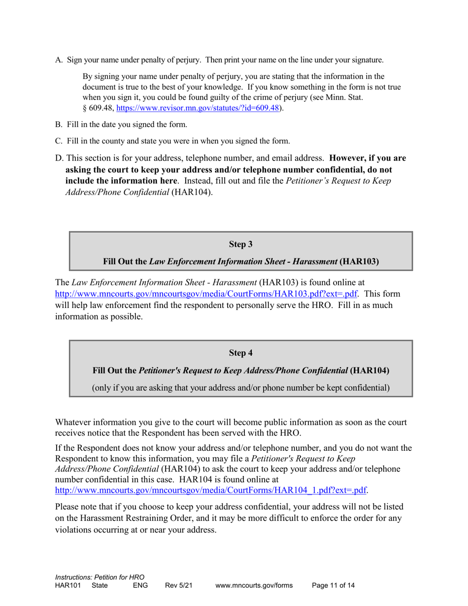Minnesota Instructions Applying for a Harassment Restraining Order