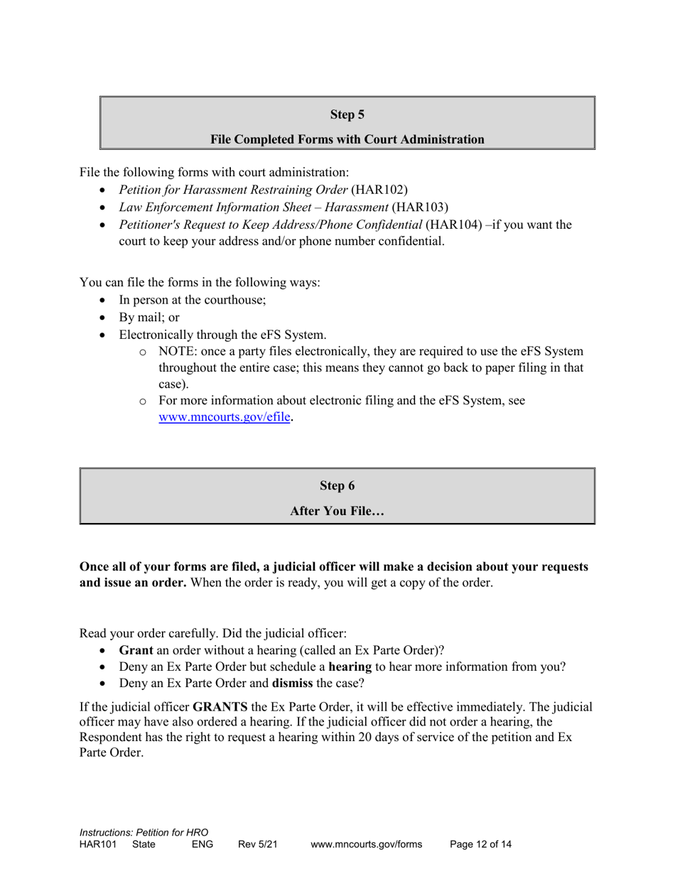 Minnesota Instructions Applying for a Harassment Restraining Order