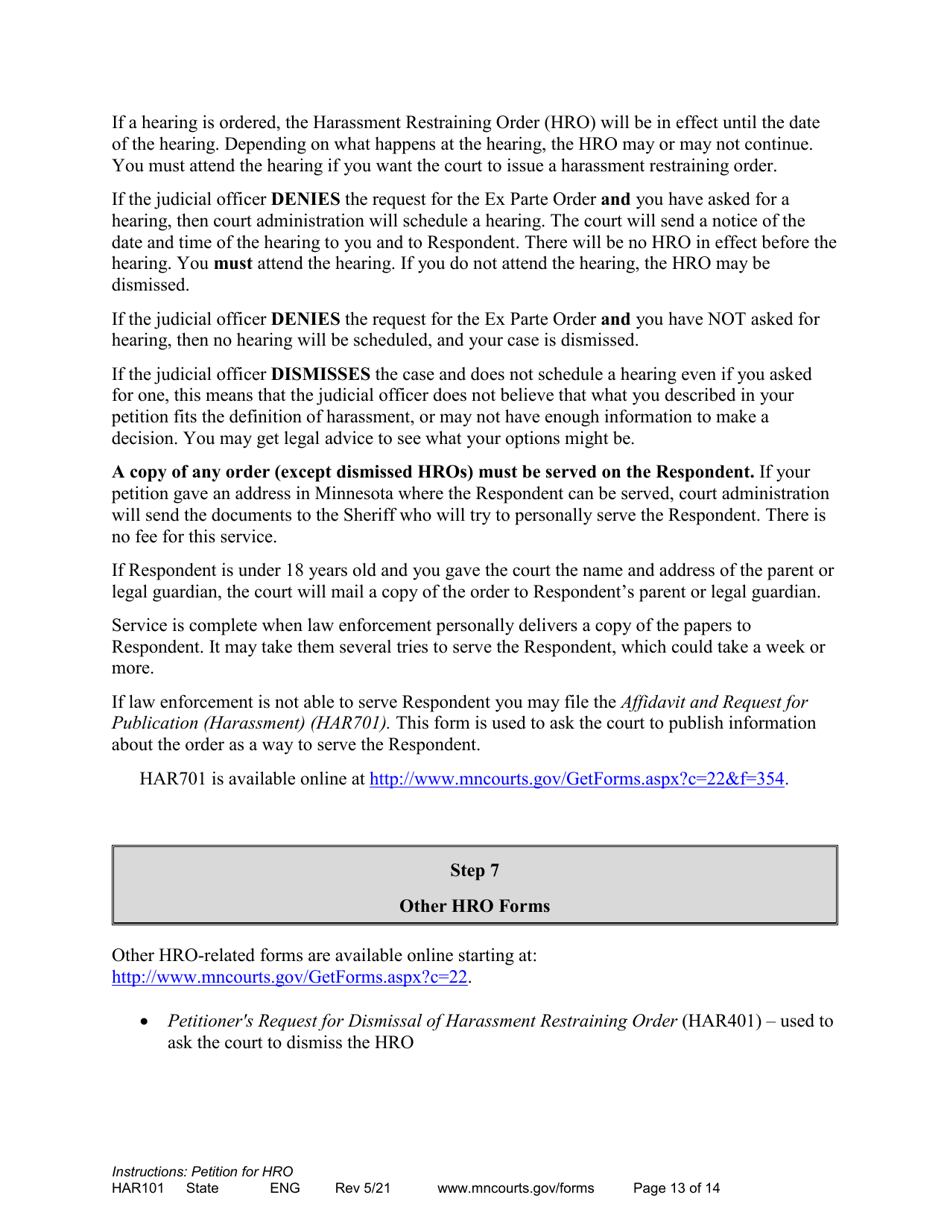 Minnesota Instructions Applying for a Harassment Restraining Order