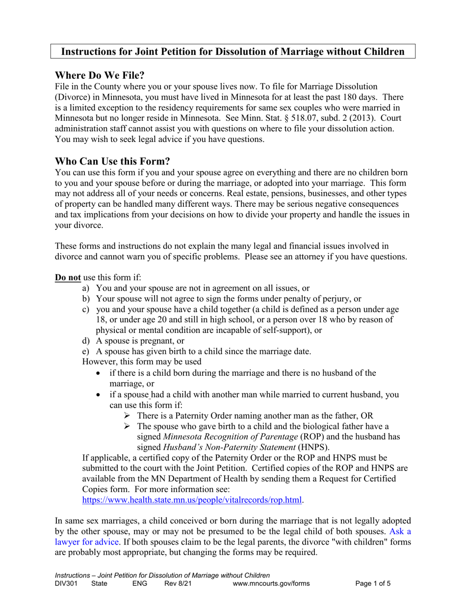 form div301 download printable pdf or fill online instructions for joint petition for dissolution of marriage without children minnesota templateroller