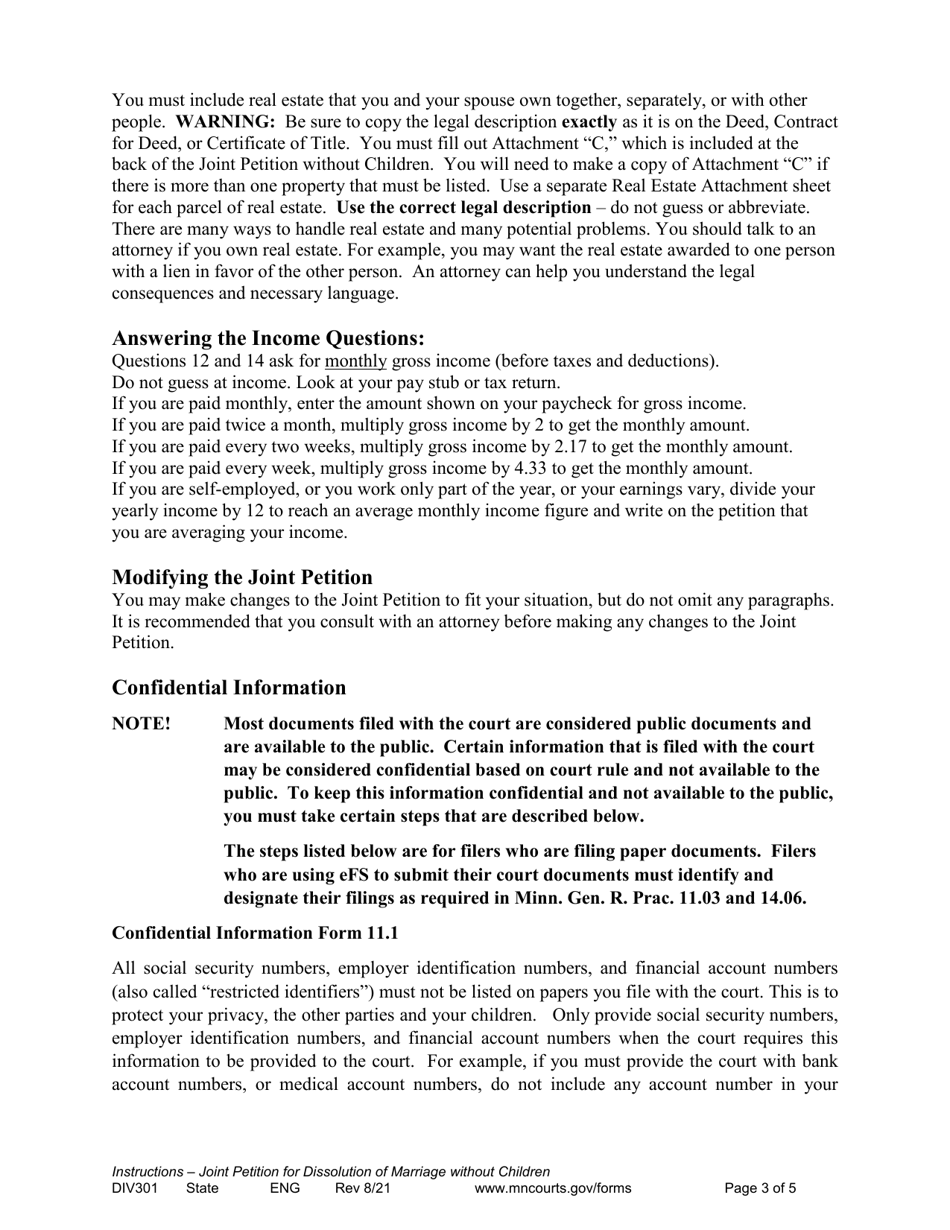 Form DIV301 Instructions for Joint Petition for Dissolution of Marriage Without Children - Minnesota, Page 3