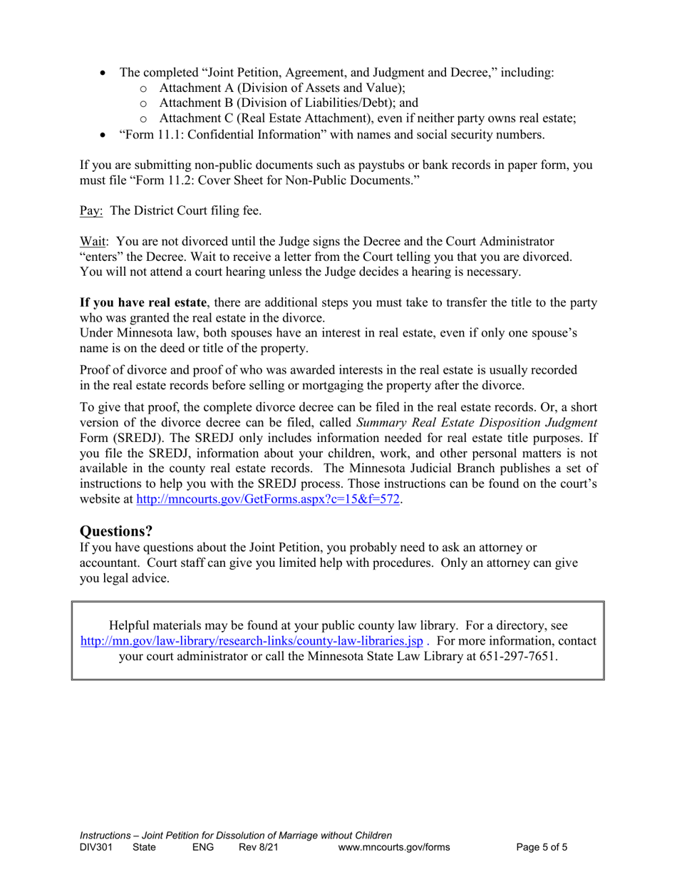 Form DIV301 Instructions for Joint Petition for Dissolution of Marriage Without Children - Minnesota, Page 5