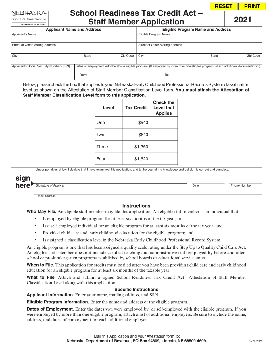 School Readiness Tax Credit Act - Staff Member Application - Nebraska, Page 1