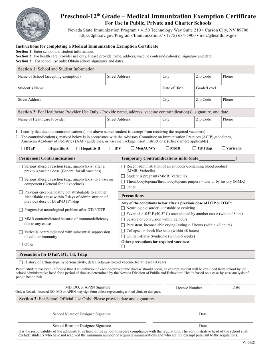 Preschool-12th Grade - Medical Immunization Exemption Certificate - Nevada, Page 1