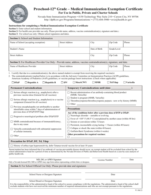 Preschool-12th Grade - Medical Immunization Exemption Certificate - Nevada Download Pdf