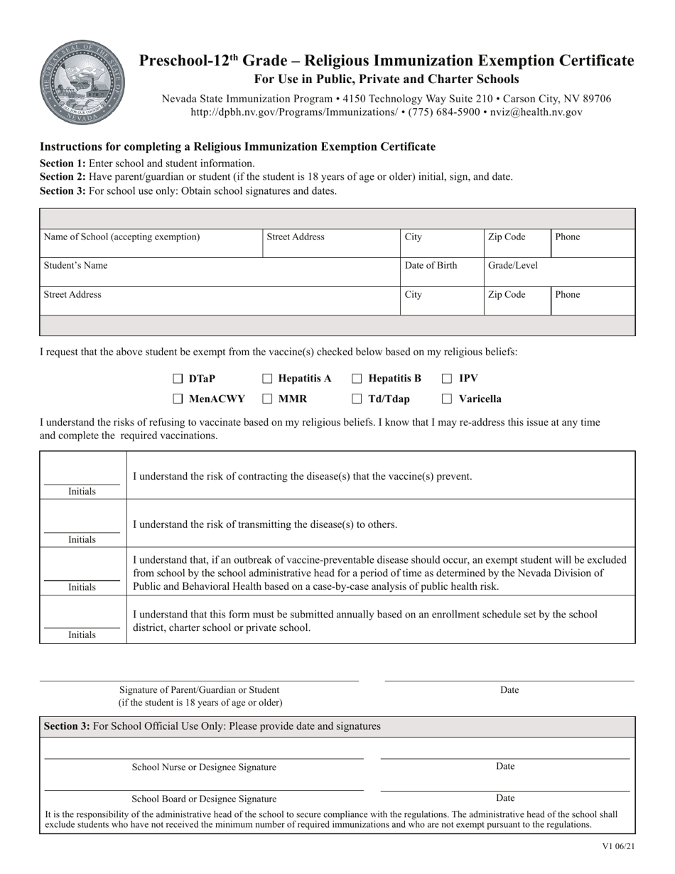 Preschool-12th Grade - Religious Immunization Exemption Certificate - Nevada, Page 1