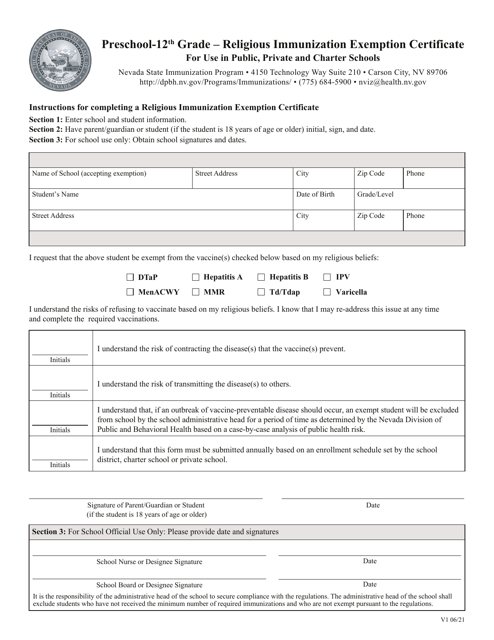 Preschool-12th Grade - Religious Immunization Exemption Certificate - Nevada Download Pdf