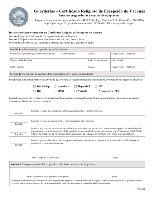 Guarderias - Certificado Religioso De Excepcion De Vacunas Para Uso En Guarderias Y Centros De Adaptacion - Nevada (Spanish) Download Pdf
