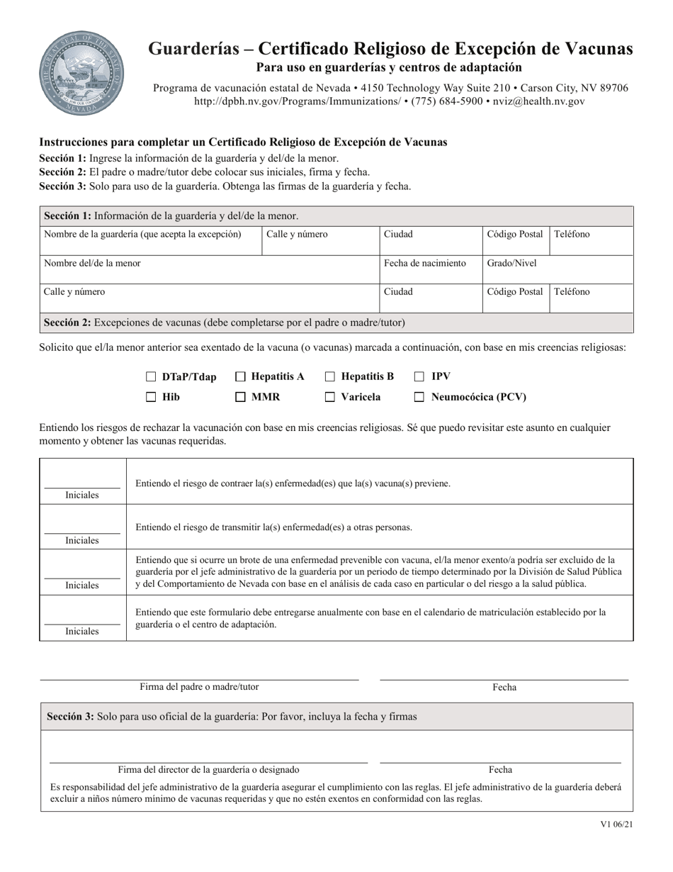 Guarderias - Certificado Religioso De Excepcion De Vacunas Para Uso En Guarderias Y Centros De Adaptacion - Nevada (Spanish), Page 1