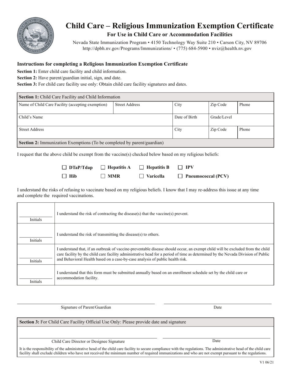 Child Care - Religious Immunization Exemption Certificate for Use in Child Care or Accommodation Facilities - Nevada, Page 1