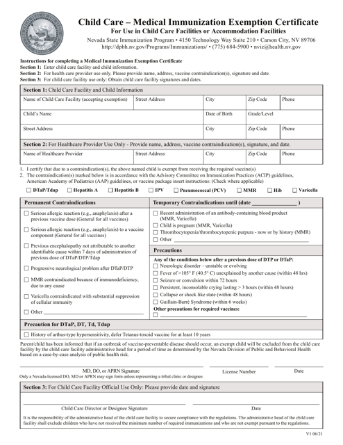 Child Care - Medical Immunization Exemption Certificate for Use in Child Care Facilities or Accommodation Facilities - Nevada Download Pdf