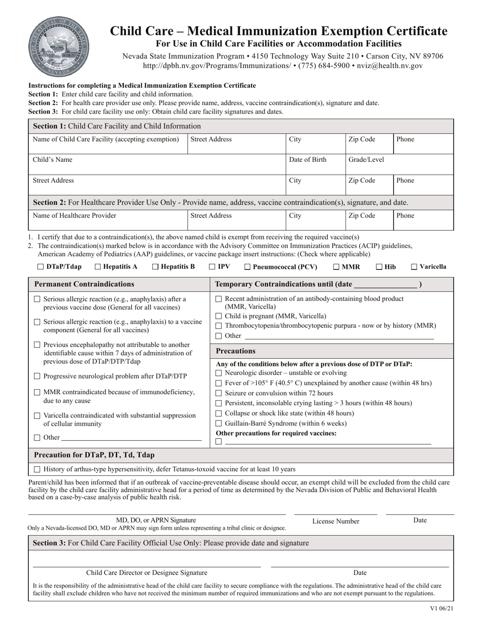 Child Care - Medical Immunization Exemption Certificate for Use in Child Care Facilities or Accommodation Facilities - Nevada, Page 1