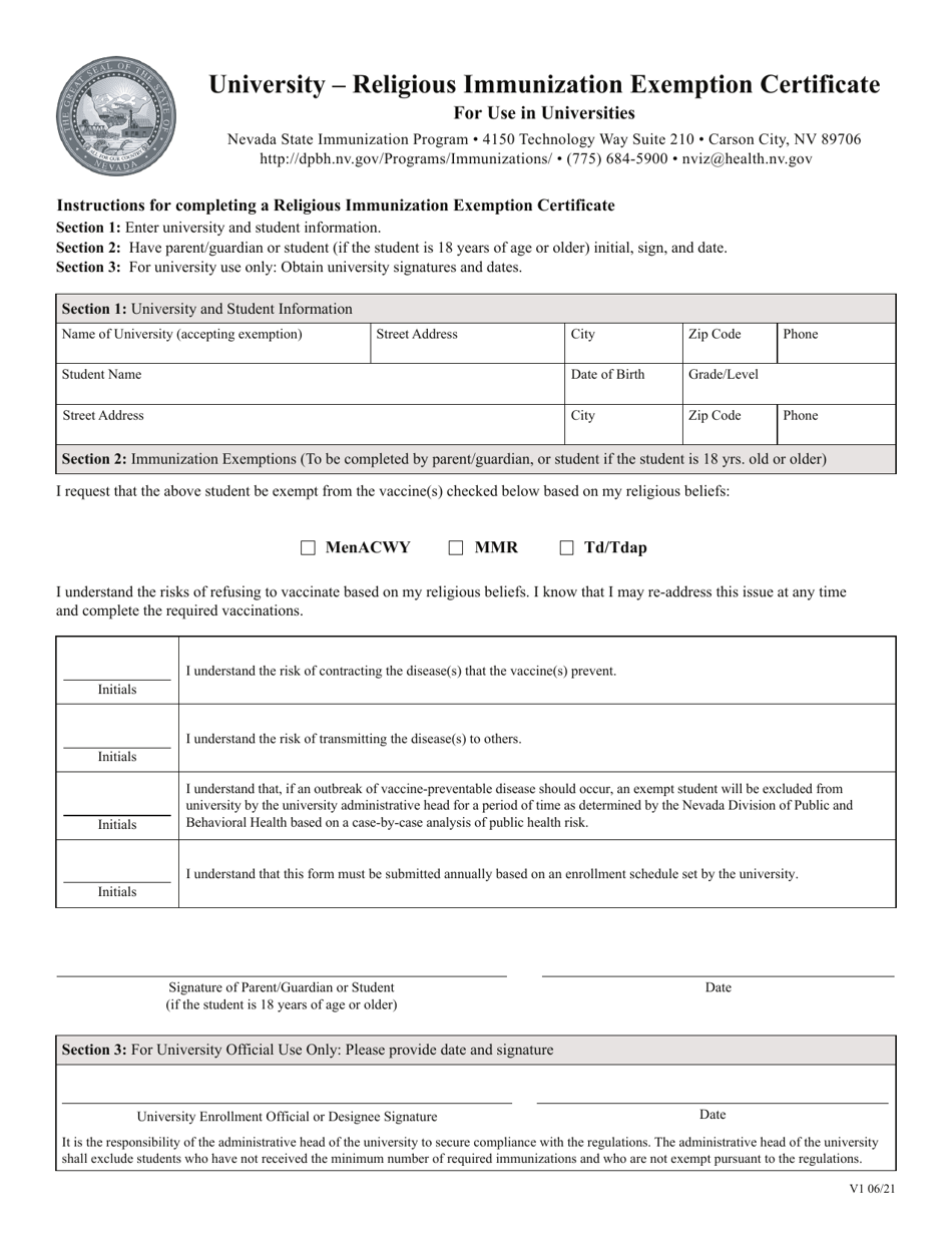 University - Religious Immunization Exemption Certificate for Use in Universities - Nevada, Page 1