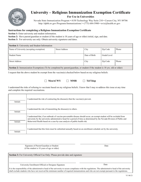 University - Religious Immunization Exemption Certificate for Use in Universities - Nevada Download Pdf