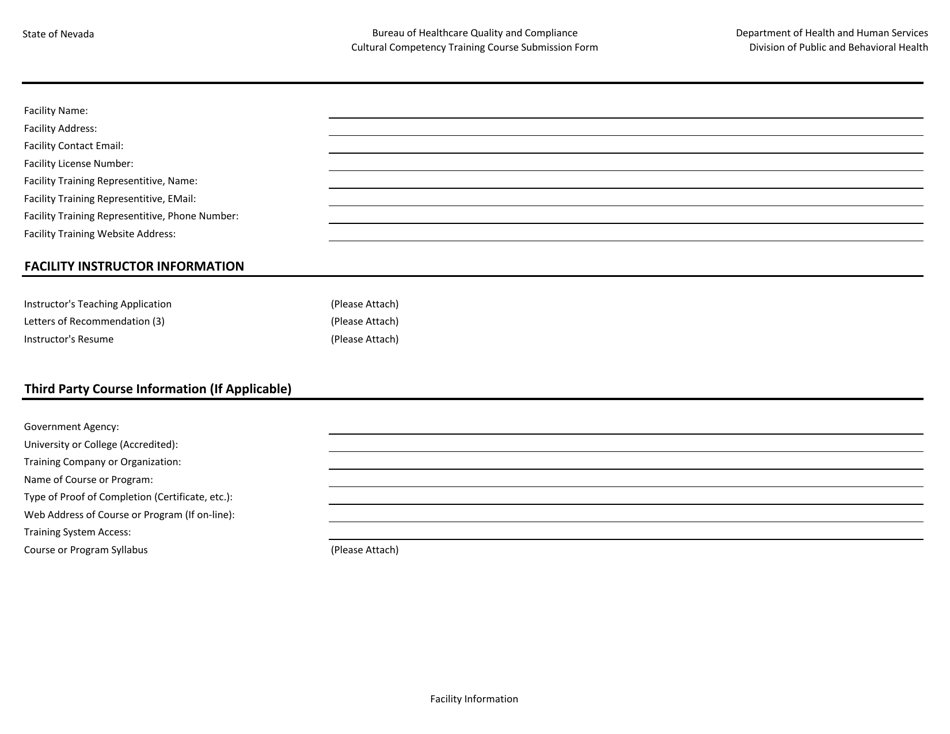 Cultural Competency Training Course Submission Form - Nevada, Page 1