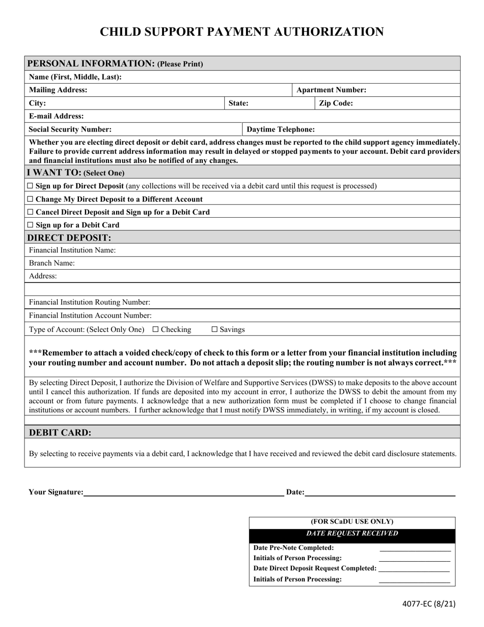 Form 4077-EC Child Support Payment Authorization - Nevada, Page 1