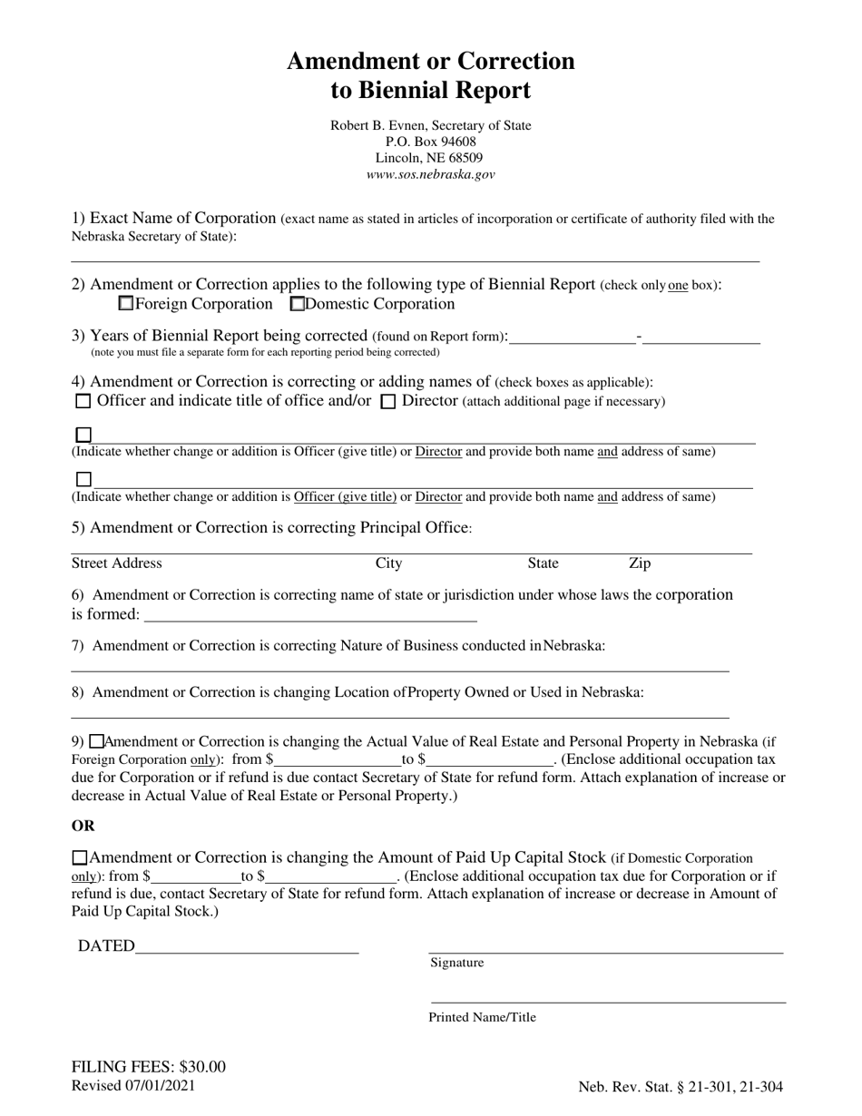 Amendment or Correction to Biennial Report - Nebraska, Page 1