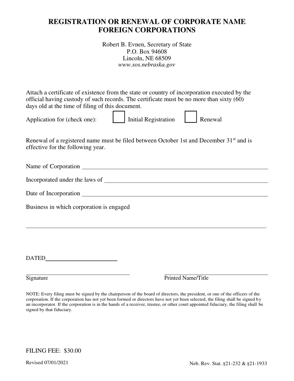 Registration or Renewal of Corporate Name Foreign Corporations - Nebraska, Page 1
