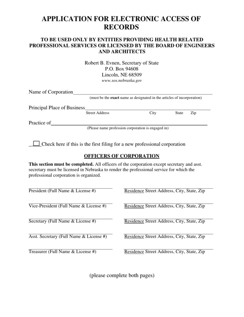 Application for Electronic Access of Records - Entities Providing Health Related Professional Services or Licensed by the Board of Engineers and Architects - Nebraska Download Pdf